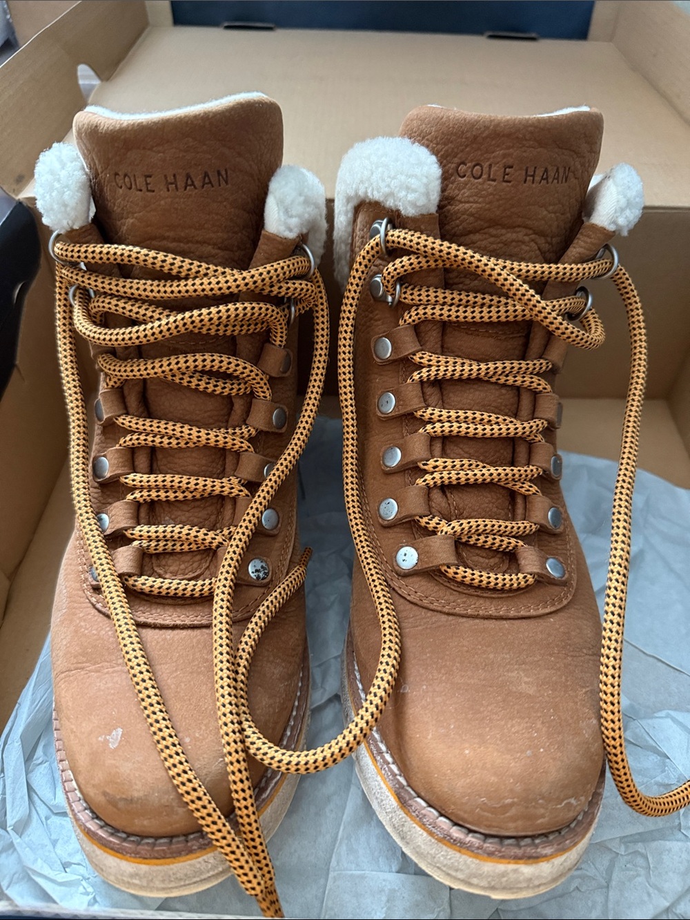 Cole Haan Zero Grand Explorer Tan Brown Leather Shearling Boots